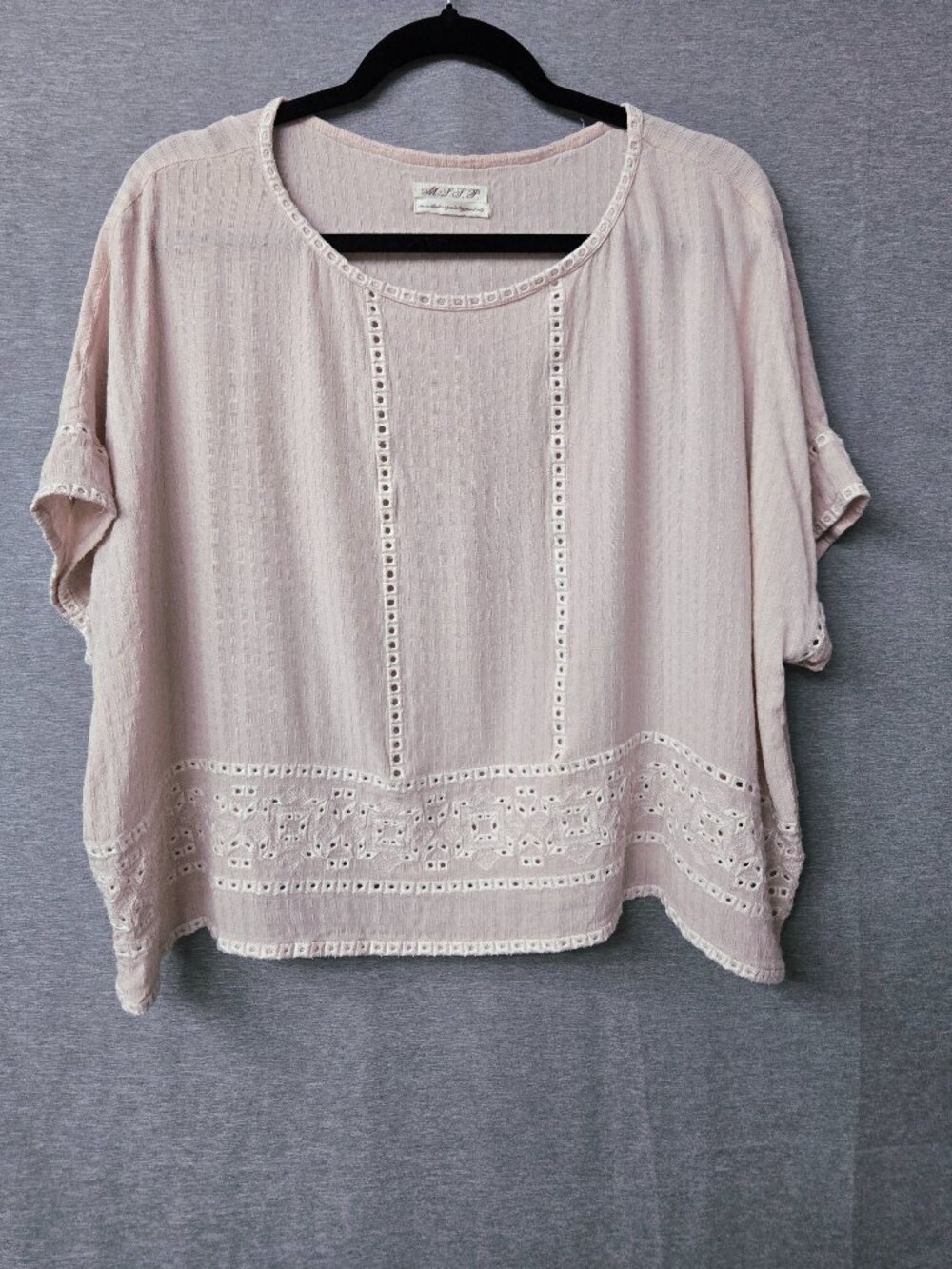 M.S.S.P. Max Studio Boho Eyelet Lace Trim Gauze‎ Crop Blouse Pink OS Cottagecore